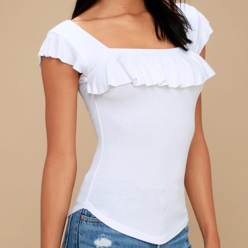 Free People Last Call White Ribbed Flounce Top MED - Picture 3 of 3